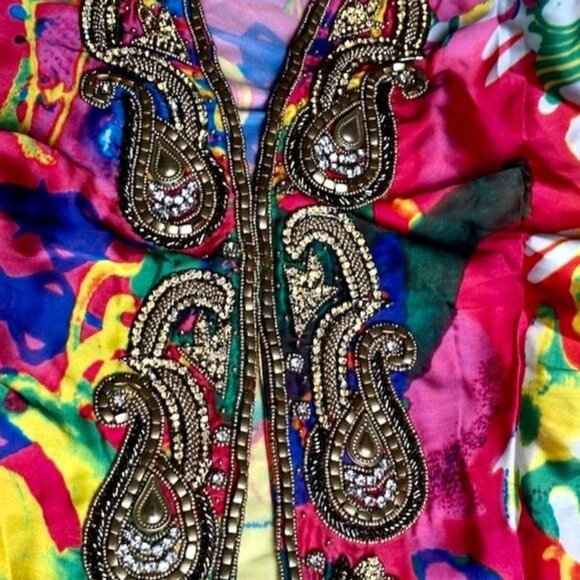 Vintage Hand Beaded Kaftan Dress With Vibrant Abstract Print 3/4 Sleeves Size M - Picture 9 of 14